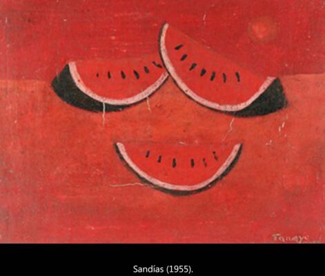 Sandías (1955), pintura de Rufino Tamayo con rebanadas sobre fondo rojo